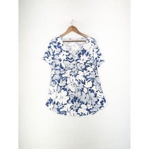 BaiSheng Top Tunic‎ Blue White Floral 3/4 Button Accent V-Neck Soft 2XL